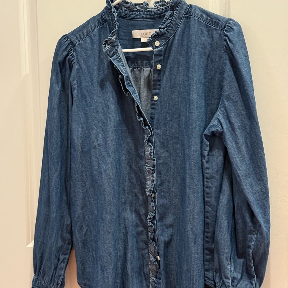 LOFT Blue Ruffled Denim Blouse
